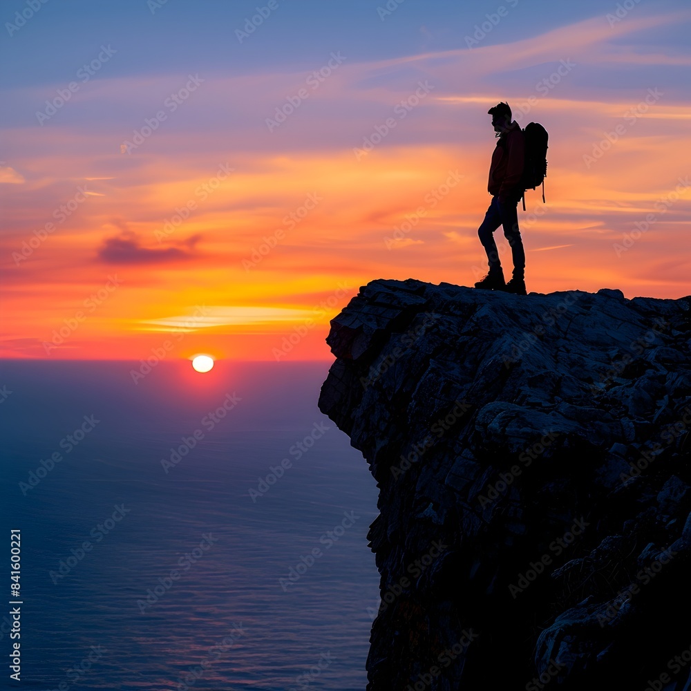 Hiker Silhouetted Against a Breathtaking Sunset on a Cliff s Edge Peaceful and Contemplative Hiking Concept Hiker Silhouetted Against a Breathtaking Sunset on a Cliff s Edge Peaceful and Contemplative Hiking Concept