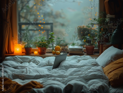 **A gloomy bedroom outside the window, equipped with a table. When it gets dark in the room, there is an open laptop on the table. There is a clean and tidy white king bed in the room  photo