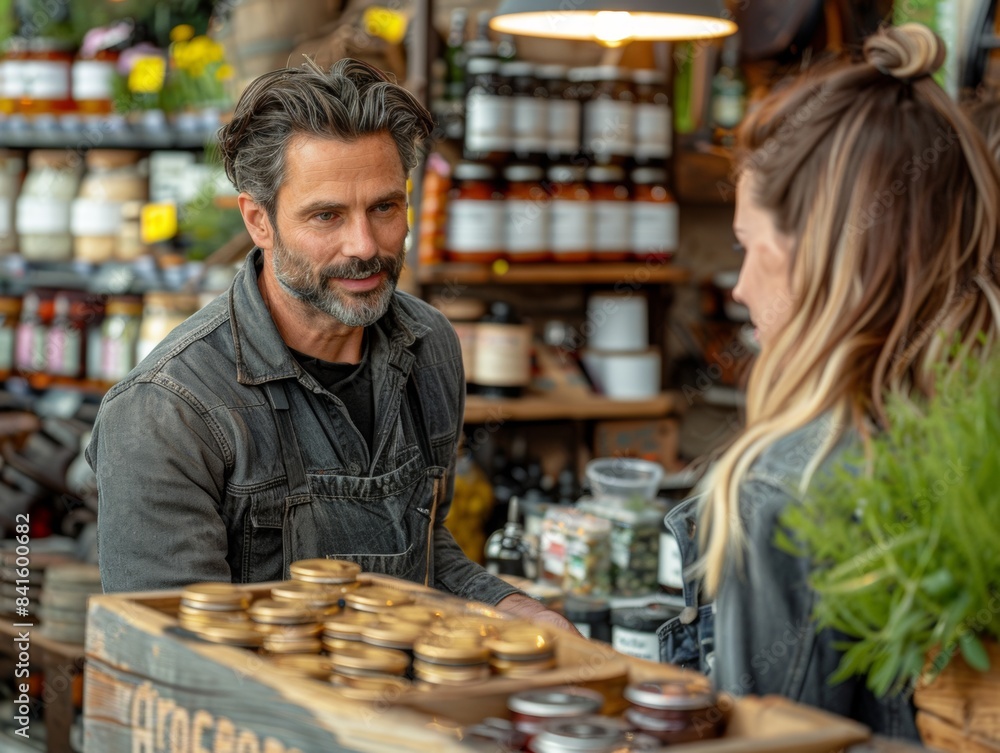 Small Business Owner Interacting with Customer Setting Up Merchandise in High-Resolution Store Scene Small Business Owner Interacting with Customer Setting Up Merchandise in High-Resolution Store Scene
