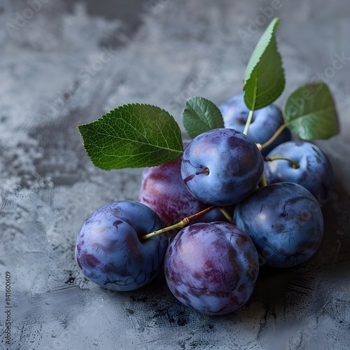 Ripe and Juicy Purple Plums with Fresh Green Leaves on Rustic Background  Closeup Shot Highlighting Fruit s Vibrant Texture and Rich Color photo