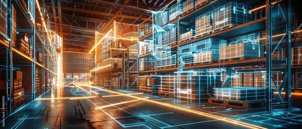 Fototapeta premium Futuristic digital warehouse using augmented reality: smart logistics, ecommerce and delivery concept in modern industry
