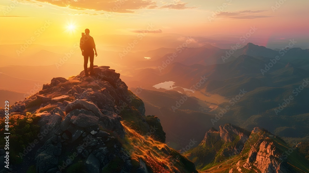 Triumphant Hiker Standing at Mountain Peak Overlooking Breathtaking Valley at Sunrise