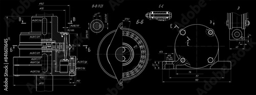 Assembly drawing of drive shaft with coupling. 
Vector cad scheme of steel mechanical device with shaft, gear, 
electric engine, bearing, bolted connection and dimension lines. Engineering background.