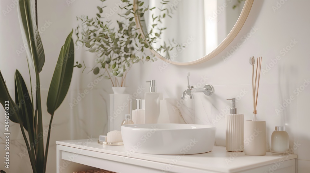 Fototapeta premium A pristine white bathroom sink with gleaming faucets and fixtures, Generative AI