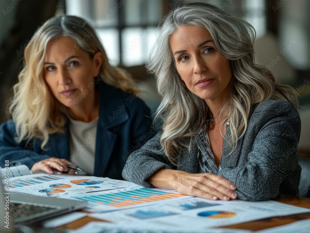Fototapeta premium In-depth Investment Discussion: Middle-Aged Woman and Financial Planner Analyzing Portfolio with Graphs and Documents in High-Resolution Digital Art