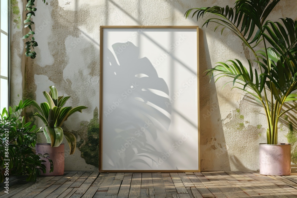 Poster frame mockup on wooden floor created with Generative AI Poster frame mockup on wooden floor created with Generative AI