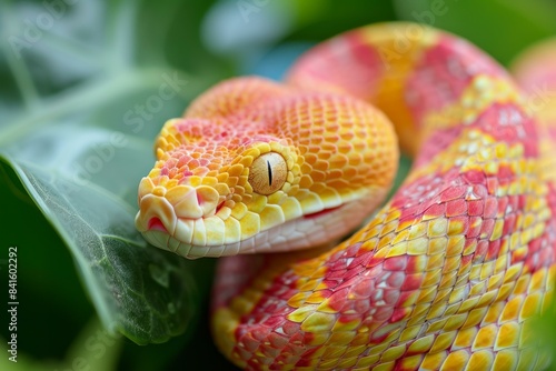 Macro shot of a colorful corn snake, pantherophis guttatus, coiled on a leaf photo