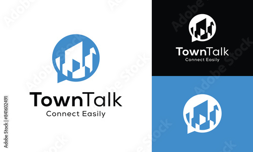 Town City Building with Bubble Speech Chat in Modern Minimal Style for Urban Conversation Discussion News Community Group Social Media Platform App Logo Design Template