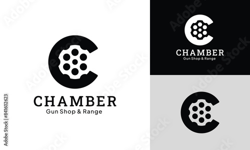 Simple Letter C Chamber Cylinder Logo Design Template for Pistol Revolver Gun Shop Armory Shooting Range or Self Defense Military Police Security Army Vector Logo.