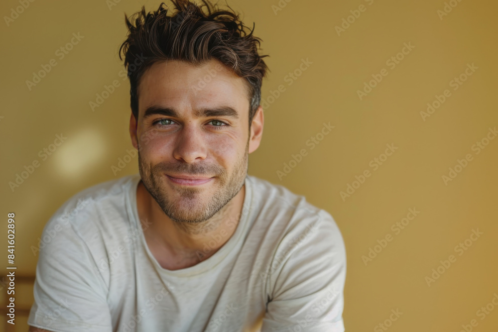 A close up portrait of a young man with a subtle smile A close up portrait of a young man with a subtle smile