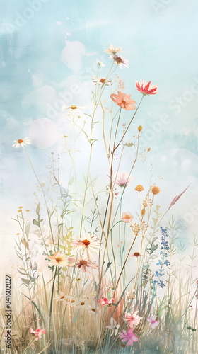 Delicate Watercolor Scene of Summer Meadow with Wildflowers