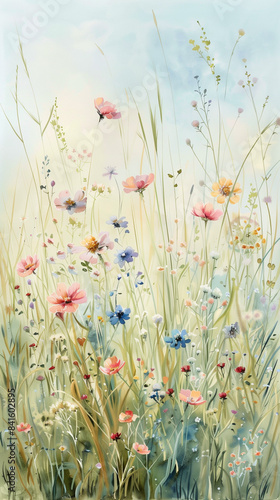 Delicate Watercolor Scene of Summer Meadow with Wildflowers