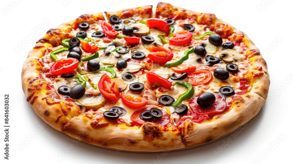 Isolated top view of pizza topped with vegetables Isolated top view of pizza topped with vegetables