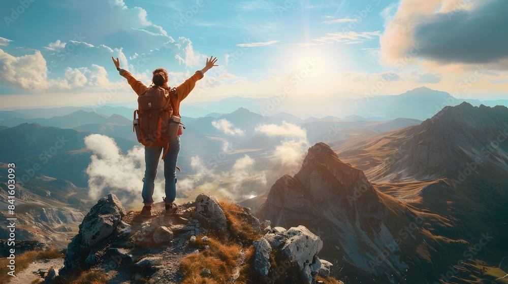 Hiker Celebrates Conquering a Majestic Mountain Summit with Outstretched Arms Hiker Celebrates Conquering a Majestic Mountain Summit with Outstretched Arms