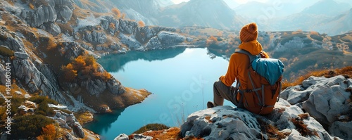 Hiker Reveling in the Tranquil Lakeside Vista from Rocky Outcrop