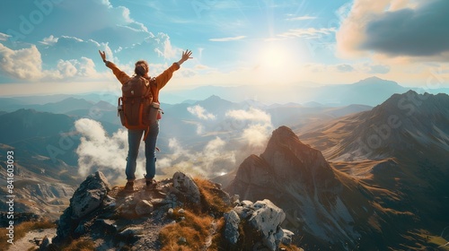 Hiker Celebrates Conquering a Majestic Mountain Summit with Outstretched Arms