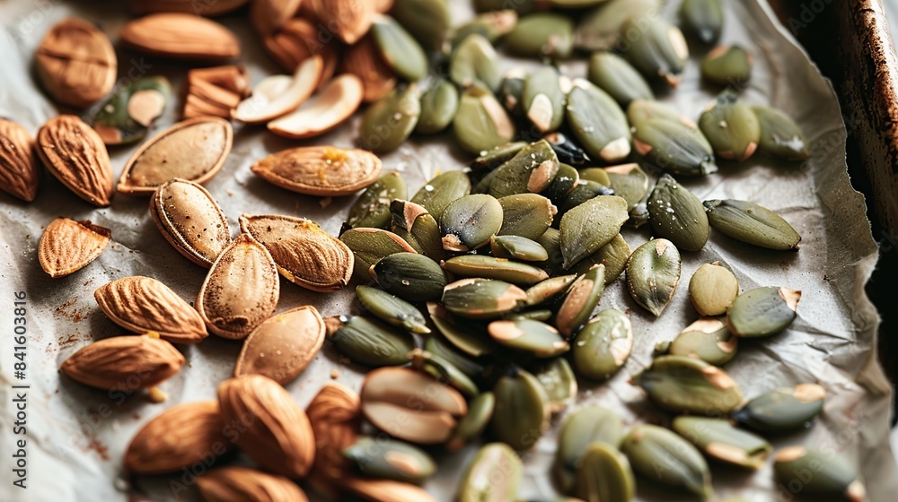 Roasted pumpkin seeds and almonds on parchment paper. Generative Ai Roasted pumpkin seeds and almonds on parchment paper. Generative Ai