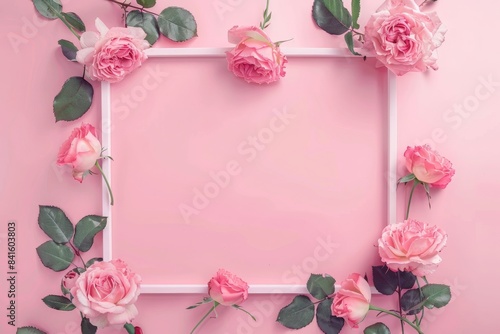 Beautiful flowers composition. Blank frame for text, pink rose flowers on pastel pink background. Valentine's Day, Easter, Birthday, Happy Women's Day, Mother's Day. Flat lay, top view, copy space,