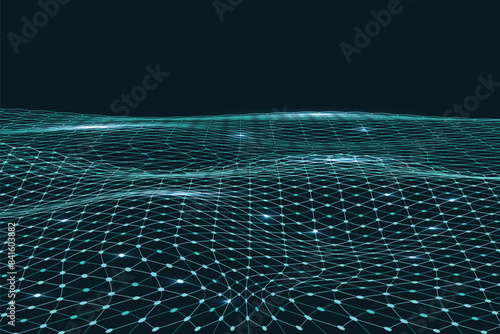 Digital hexagon dynamic wave of particles. Vector abstract blue futuristic background. Big data visualization
