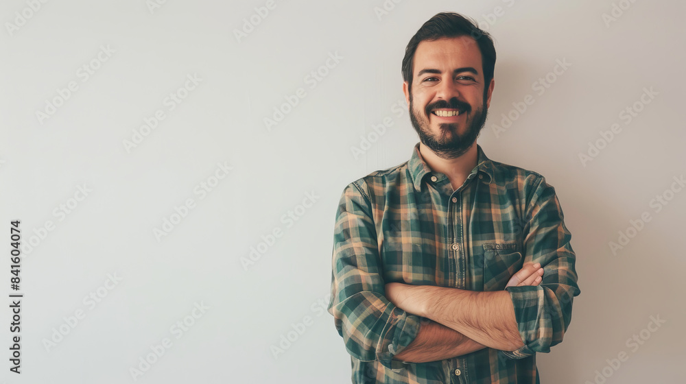 Smiling man standing with arms crossed in front of white wall Smiling man standing with arms crossed in front of white wall