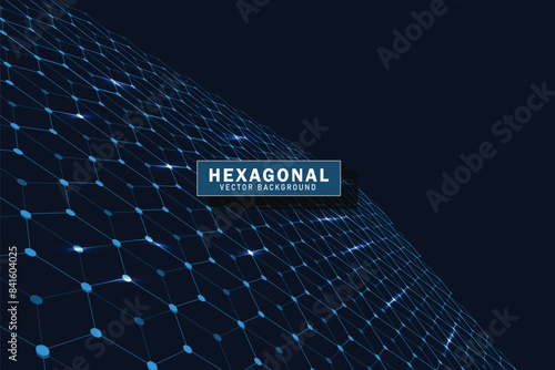 Abstract hexagons patter with connecting dots and lines. Digital big data visualization. Network connection and communication technology concept