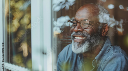 Smiling man at home looking out of the window