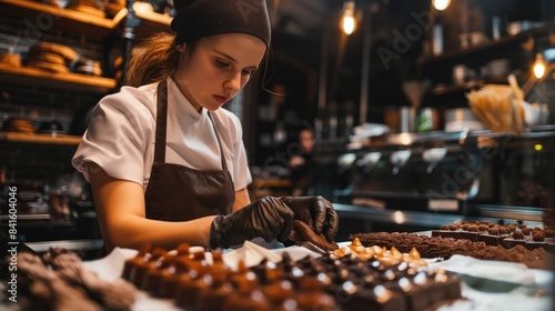 Chocolatier crafting woman creating artisanal confections chocolate in confectionery cafe