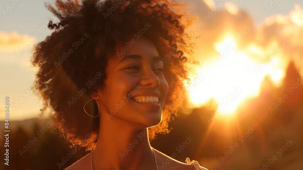 Smiling young woman with afro hair at sunset Smiling young woman with afro hair at sunset