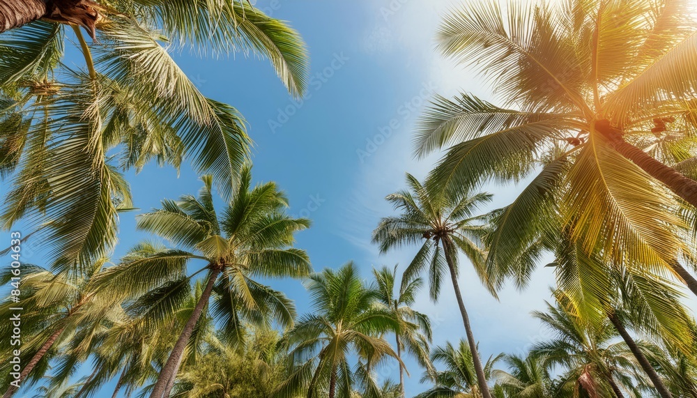 Fototapeta premium Blue Sky Palm Trees, Sunlight Filtering Through Tropical Leaves