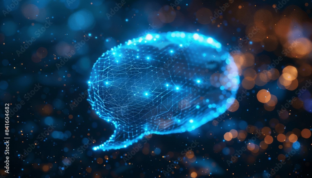 Glowing blue digital speech bubble made of light points on a dark background, representing communication technology and innovation. Glowing blue digital speech bubble made of light points on a dark background, representing communication technology and innovation.