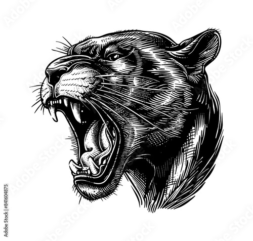 panther, angry open mouth head portrait engraving black and white outline