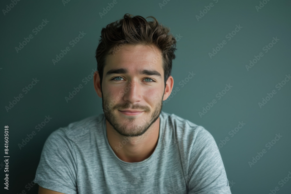 A close up portrait of a young man with a subtle smile A close up portrait of a young man with a subtle smile
