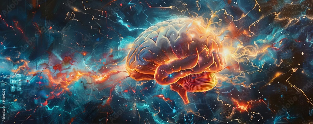 Vibrant digital artwork of a brain with electric currents and cosmic themes, symbolizing innovation, creativity, and neural connections in a galaxy scene. Vibrant digital artwork of a brain with electric currents and cosmic themes, symbolizing innovation, creativity, and neural connections in a galaxy scene.
