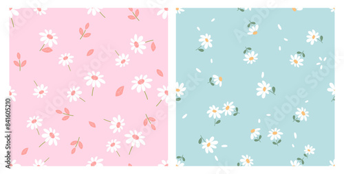 Seamless pattern of daisy chamomile flower with green leaves on pink and green backgrounds vector. Cute floral fabric print.