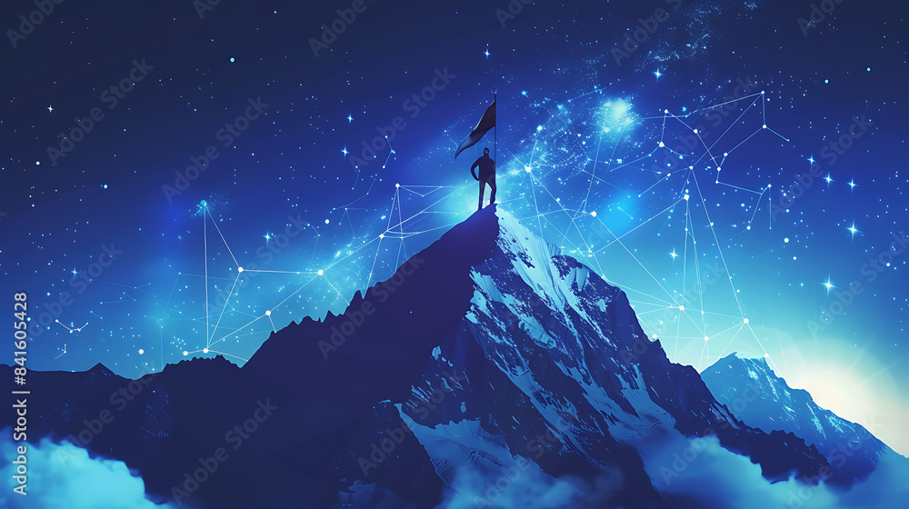 Digital mountain with a flag and a professional climbing businessman on the top. Abstract goals achievement and ambitions concept Digital mountain with a flag and a professional climbing businessman on the top. Abstract goals achievement and ambitions concept