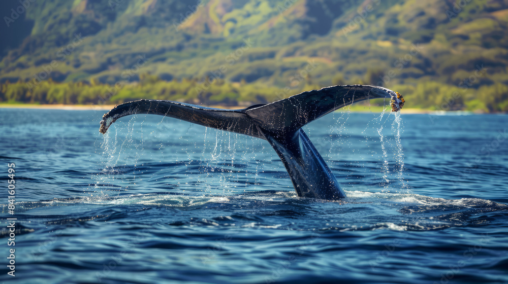 Obraz premium Humpback whale tail splashing in ocean near scenic coastline