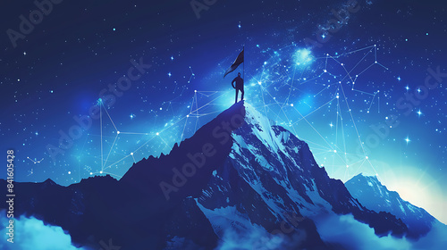 Digital mountain with a flag and a professional climbing businessman on the top. Abstract goals achievement and ambitions concept photo