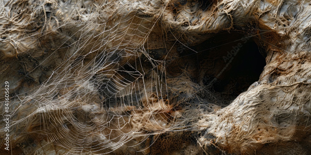 Detailed close-up of a spider web intricately woven on a rock surface, with visible threads and patterns. Detailed close-up of a spider web intricately woven on a rock surface, with visible threads and patterns.