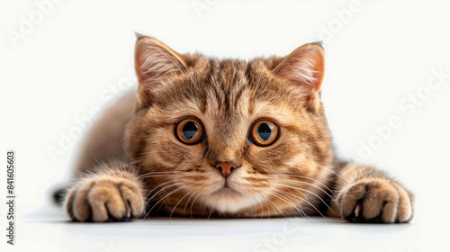 Adorable close-up of a curious scottish fold  tabby  cat kitten   big eyes, paws stretched forward, against a white background.
 photo
