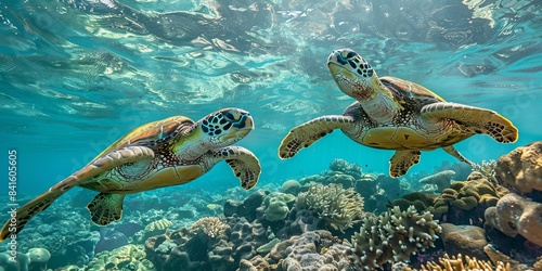 A pair of Hawaiian green turtles swim gracefully over a brightly coloured coral reef