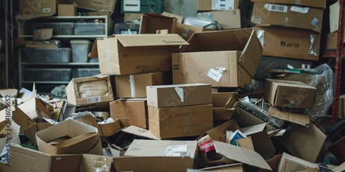 A disorganized heap of various cardboard boxes waiting to be unpacked in a messy storage room