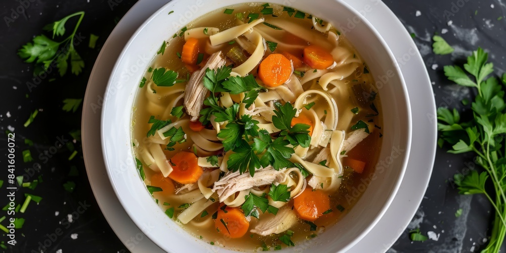 Top view of a round white dish filled with delicious chicken noodle soup, with tender pieces of chicken, savoury carrots and a garnish of fresh parsley. Top view of a round white dish filled with delicious chicken noodle soup, with tender pieces of chicken, savoury carrots and a garnish of fresh parsley.