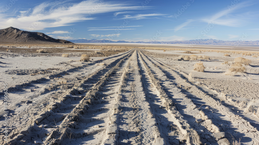 Tire tracks in Black Rock Desert playa under clear blue sky Tire tracks in Black Rock Desert playa under clear blue sky