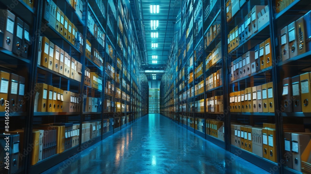 Fototapeta premium A spacious archival storage facility with tall shelves filled with organized file boxes under bright lighting, creating a sense of order and efficiency.