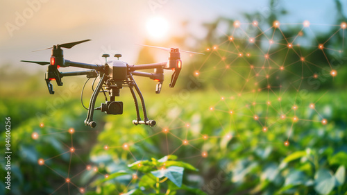 Innovative technology and Smart agriculture. Artificial intelligence-supported drone used to increase productivity in agriculture. Drone checking the crop.