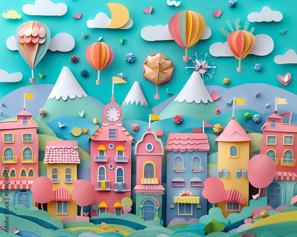 Paper art 3D scene of a town square with festivities, Pastel colors, Layered depth, Community Independence Day event