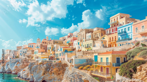 Fototapeta Naklejka Na Ścianę i Meble -  Colorful houses along cliff in Vaporia district of Ermoupoli