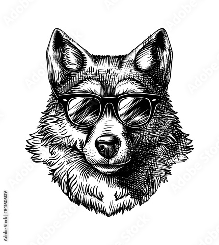 wolf, wears sunglasses engraving black and white outline