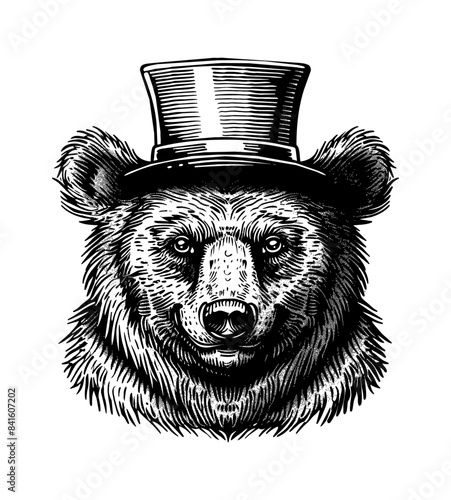 bear, wears retro top hat engraving black and white outline