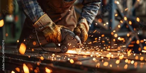 Craftsman using a grinder to cut metal in a workshop with sparks flying